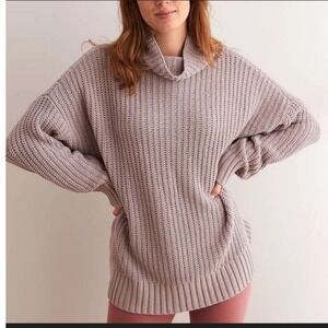 Aerie Womens Oversized Chenille Cowl Neck Sweater Mauve Ribbed Knit Pullover S